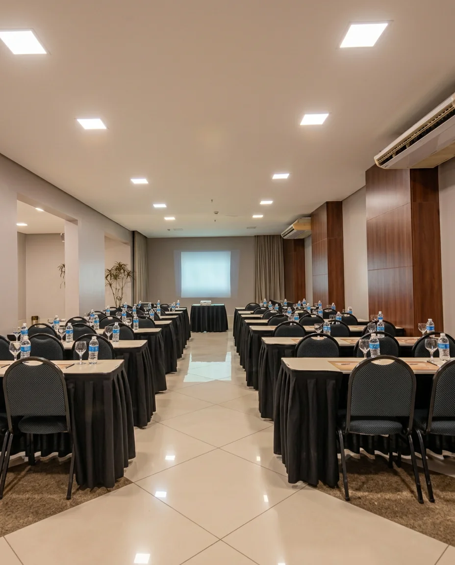Auditório do Hotel Verdes Vales com mesas e cadeiras organizadas para o evento